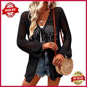 Lightweight Crochet Cardigan Long Sleeve Tie Front Open Sweater